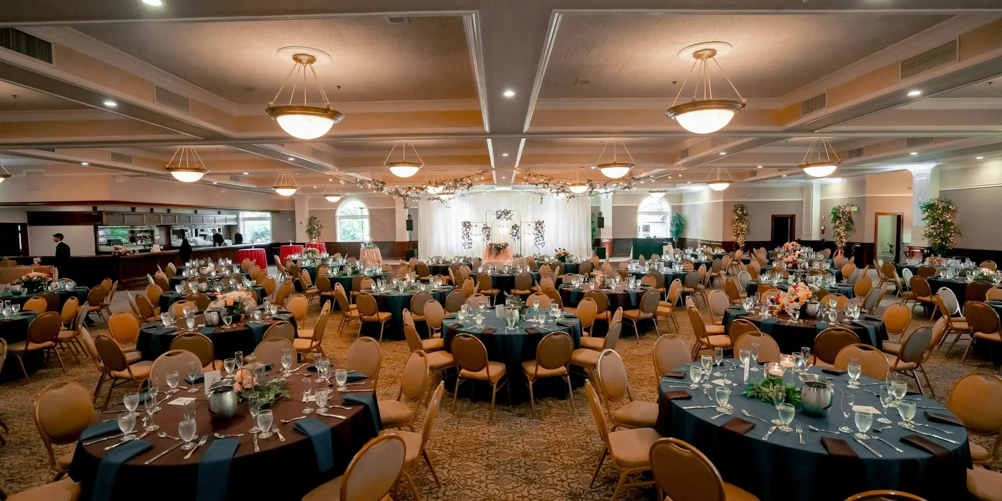 Ballroom set with round tables for a formal event