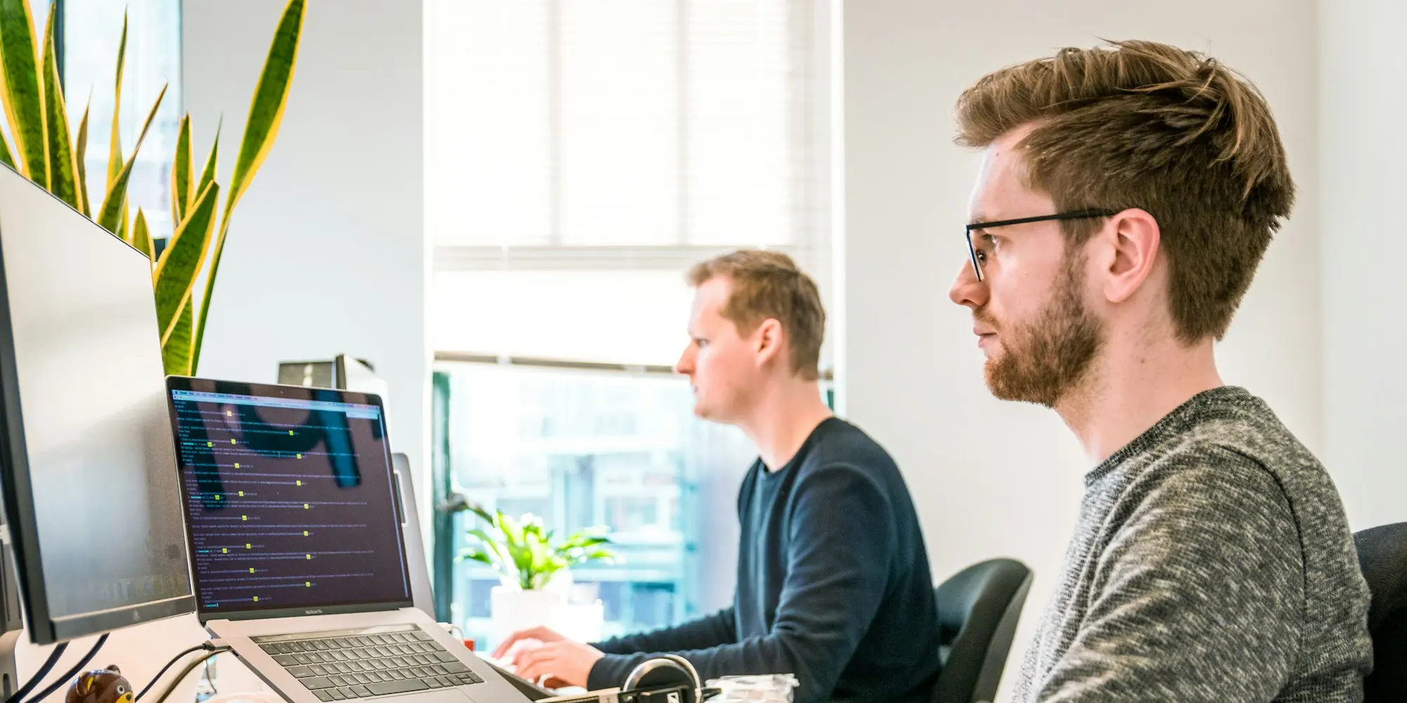 Two colleagues working at computers in a bright office